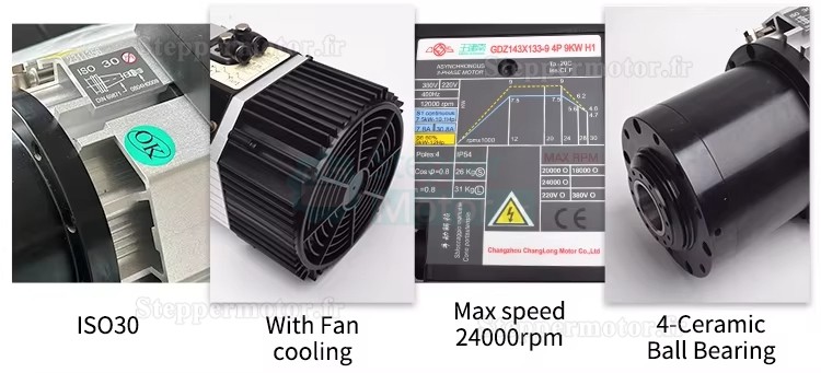 9K 220V/380V moteur de broche ATC (Changement d'outil automatique) refroidi par air GDZ143x133-9L 400-800Hz 24,000 tr/min BT30/ISO30